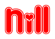 The image is a red and white graphic with the word Nill written in a decorative script. Each letter in  is contained within its own outlined bubble-like shape. Inside each letter, there is a white heart symbol.