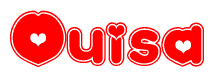The image is a red and white graphic with the word Ouisa written in a decorative script. Each letter in  is contained within its own outlined bubble-like shape. Inside each letter, there is a white heart symbol.