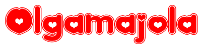 The image is a red and white graphic with the word Olgamajola written in a decorative script. Each letter in  is contained within its own outlined bubble-like shape. Inside each letter, there is a white heart symbol.