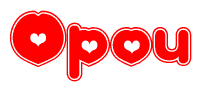 The image displays the word Opou written in a stylized red font with hearts inside the letters.