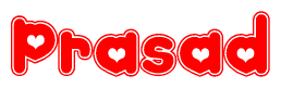 The image displays the word Prasad written in a stylized red font with hearts inside the letters.