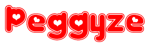 The image is a red and white graphic with the word Peggyze written in a decorative script. Each letter in  is contained within its own outlined bubble-like shape. Inside each letter, there is a white heart symbol.
