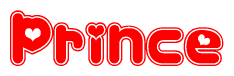 The image is a clipart featuring the word Prince written in a stylized font with a heart shape replacing inserted into the center of each letter. The color scheme of the text and hearts is red with a light outline.