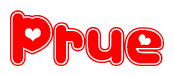 The image is a red and white graphic with the word Prue written in a decorative script. Each letter in  is contained within its own outlined bubble-like shape. Inside each letter, there is a white heart symbol.