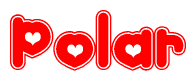 The image is a clipart featuring the word Polar written in a stylized font with a heart shape replacing inserted into the center of each letter. The color scheme of the text and hearts is red with a light outline.