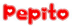 The image is a red and white graphic with the word Pepito written in a decorative script. Each letter in  is contained within its own outlined bubble-like shape. Inside each letter, there is a white heart symbol.
