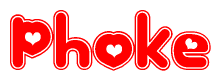 The image is a red and white graphic with the word Phoke written in a decorative script. Each letter in  is contained within its own outlined bubble-like shape. Inside each letter, there is a white heart symbol.