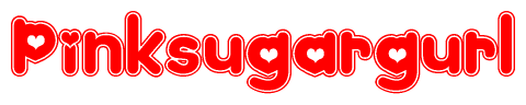 The image is a clipart featuring the word Pinksugargurl written in a stylized font with a heart shape replacing inserted into the center of each letter. The color scheme of the text and hearts is red with a light outline.