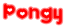 The image is a clipart featuring the word Pongy written in a stylized font with a heart shape replacing inserted into the center of each letter. The color scheme of the text and hearts is red with a light outline.