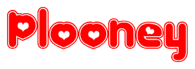 The image displays the word Plooney written in a stylized red font with hearts inside the letters.