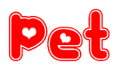 The image is a red and white graphic with the word Pet written in a decorative script. Each letter in  is contained within its own outlined bubble-like shape. Inside each letter, there is a white heart symbol.