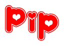 The image is a red and white graphic with the word Pip written in a decorative script. Each letter in  is contained within its own outlined bubble-like shape. Inside each letter, there is a white heart symbol.
