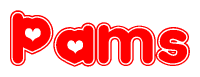 The image is a red and white graphic with the word Pams written in a decorative script. Each letter in  is contained within its own outlined bubble-like shape. Inside each letter, there is a white heart symbol.
