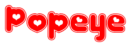 The image displays the word Popeye written in a stylized red font with hearts inside the letters.