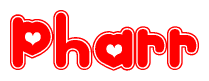 The image is a red and white graphic with the word Pharr written in a decorative script. Each letter in  is contained within its own outlined bubble-like shape. Inside each letter, there is a white heart symbol.
