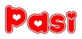 The image is a red and white graphic with the word Pasi written in a decorative script. Each letter in  is contained within its own outlined bubble-like shape. Inside each letter, there is a white heart symbol.