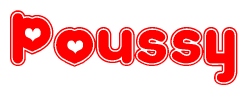 The image displays the word Poussy written in a stylized red font with hearts inside the letters.