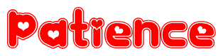 The image is a clipart featuring the word Patience written in a stylized font with a heart shape replacing inserted into the center of each letter. The color scheme of the text and hearts is red with a light outline.