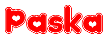 The image is a clipart featuring the word Paska written in a stylized font with a heart shape replacing inserted into the center of each letter. The color scheme of the text and hearts is red with a light outline.