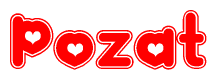 The image displays the word Pozat written in a stylized red font with hearts inside the letters.