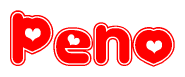 The image displays the word Peno written in a stylized red font with hearts inside the letters.