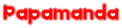The image is a red and white graphic with the word Papamanda written in a decorative script. Each letter in  is contained within its own outlined bubble-like shape. Inside each letter, there is a white heart symbol.