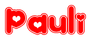 The image is a red and white graphic with the word Pauli written in a decorative script. Each letter in  is contained within its own outlined bubble-like shape. Inside each letter, there is a white heart symbol.