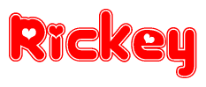 The image is a red and white graphic with the word Rickey written in a decorative script. Each letter in  is contained within its own outlined bubble-like shape. Inside each letter, there is a white heart symbol.