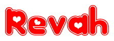 The image is a red and white graphic with the word Revah written in a decorative script. Each letter in  is contained within its own outlined bubble-like shape. Inside each letter, there is a white heart symbol.