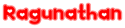The image is a clipart featuring the word Ragunathan written in a stylized font with a heart shape replacing inserted into the center of each letter. The color scheme of the text and hearts is red with a light outline.