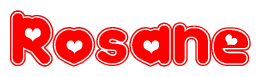The image is a red and white graphic with the word Rosane written in a decorative script. Each letter in  is contained within its own outlined bubble-like shape. Inside each letter, there is a white heart symbol.