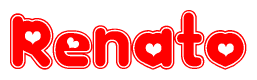The image is a red and white graphic with the word Renato written in a decorative script. Each letter in  is contained within its own outlined bubble-like shape. Inside each letter, there is a white heart symbol.