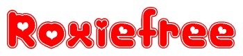 The image is a clipart featuring the word Roxiefree written in a stylized font with a heart shape replacing inserted into the center of each letter. The color scheme of the text and hearts is red with a light outline.