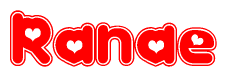 The image is a clipart featuring the word Ranae written in a stylized font with a heart shape replacing inserted into the center of each letter. The color scheme of the text and hearts is red with a light outline.
