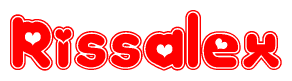 The image is a red and white graphic with the word Rissalex written in a decorative script. Each letter in  is contained within its own outlined bubble-like shape. Inside each letter, there is a white heart symbol.
