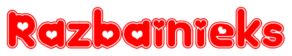 The image is a red and white graphic with the word Razbainieks written in a decorative script. Each letter in  is contained within its own outlined bubble-like shape. Inside each letter, there is a white heart symbol.
