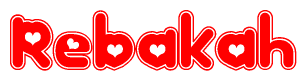 The image is a clipart featuring the word Rebakah written in a stylized font with a heart shape replacing inserted into the center of each letter. The color scheme of the text and hearts is red with a light outline.
