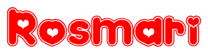 The image is a red and white graphic with the word Rosmari written in a decorative script. Each letter in  is contained within its own outlined bubble-like shape. Inside each letter, there is a white heart symbol.