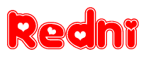 The image is a red and white graphic with the word Redni written in a decorative script. Each letter in  is contained within its own outlined bubble-like shape. Inside each letter, there is a white heart symbol.