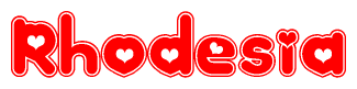 The image is a red and white graphic with the word Rhodesia written in a decorative script. Each letter in  is contained within its own outlined bubble-like shape. Inside each letter, there is a white heart symbol.