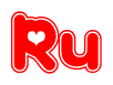 The image displays the word Ru written in a stylized red font with hearts inside the letters.