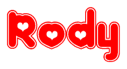 The image is a red and white graphic with the word Rody written in a decorative script. Each letter in  is contained within its own outlined bubble-like shape. Inside each letter, there is a white heart symbol.