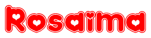 The image is a red and white graphic with the word Rosaima written in a decorative script. Each letter in  is contained within its own outlined bubble-like shape. Inside each letter, there is a white heart symbol.