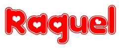 The image displays the word Raquel written in a stylized red font with hearts inside the letters.