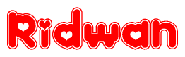 The image is a clipart featuring the word Ridwan written in a stylized font with a heart shape replacing inserted into the center of each letter. The color scheme of the text and hearts is red with a light outline.