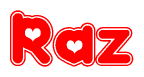 The image is a red and white graphic with the word Raz written in a decorative script. Each letter in  is contained within its own outlined bubble-like shape. Inside each letter, there is a white heart symbol.