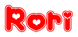 The image is a clipart featuring the word Rori written in a stylized font with a heart shape replacing inserted into the center of each letter. The color scheme of the text and hearts is red with a light outline.