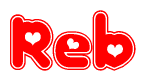 The image is a red and white graphic with the word Reb written in a decorative script. Each letter in  is contained within its own outlined bubble-like shape. Inside each letter, there is a white heart symbol.