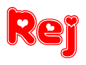 The image is a red and white graphic with the word Rej written in a decorative script. Each letter in  is contained within its own outlined bubble-like shape. Inside each letter, there is a white heart symbol.