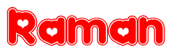 The image is a clipart featuring the word Raman written in a stylized font with a heart shape replacing inserted into the center of each letter. The color scheme of the text and hearts is red with a light outline.
